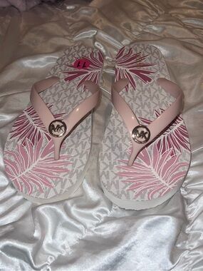 Michael Kors Pink Floral MK Logo Jelly Thong Sandals